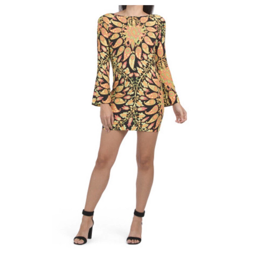 NWT Zara Black Floral Retro Hippie Cut Out Back Mini Dress Size XS. 0042